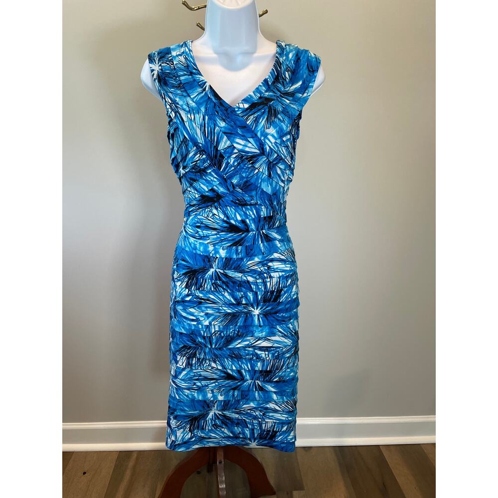 London Times Blue Abstract Floral Dress Size 14 Pleated Textured Bodycon